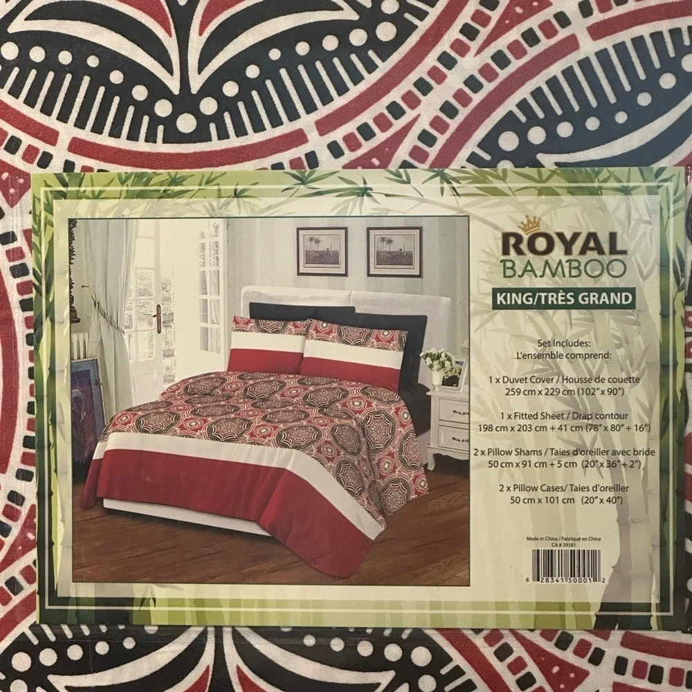 Royal Bamboo King Duvet Cover Set 6 pc Set Red and White print